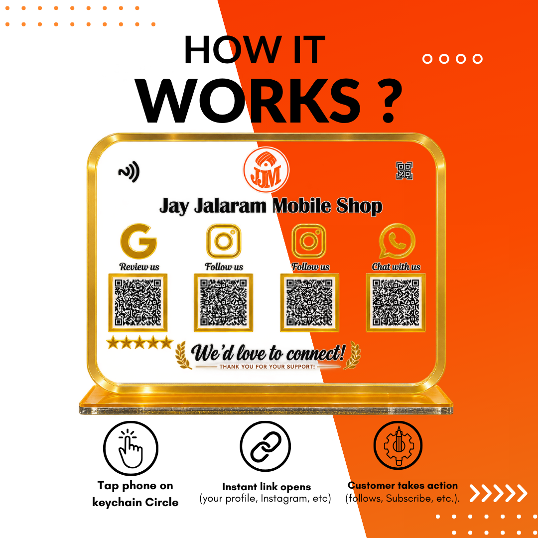 4 QR NFC Enabled Premium Transparent Acrylic Standee with Golden Border for Mobile Shops & Electronics Stores