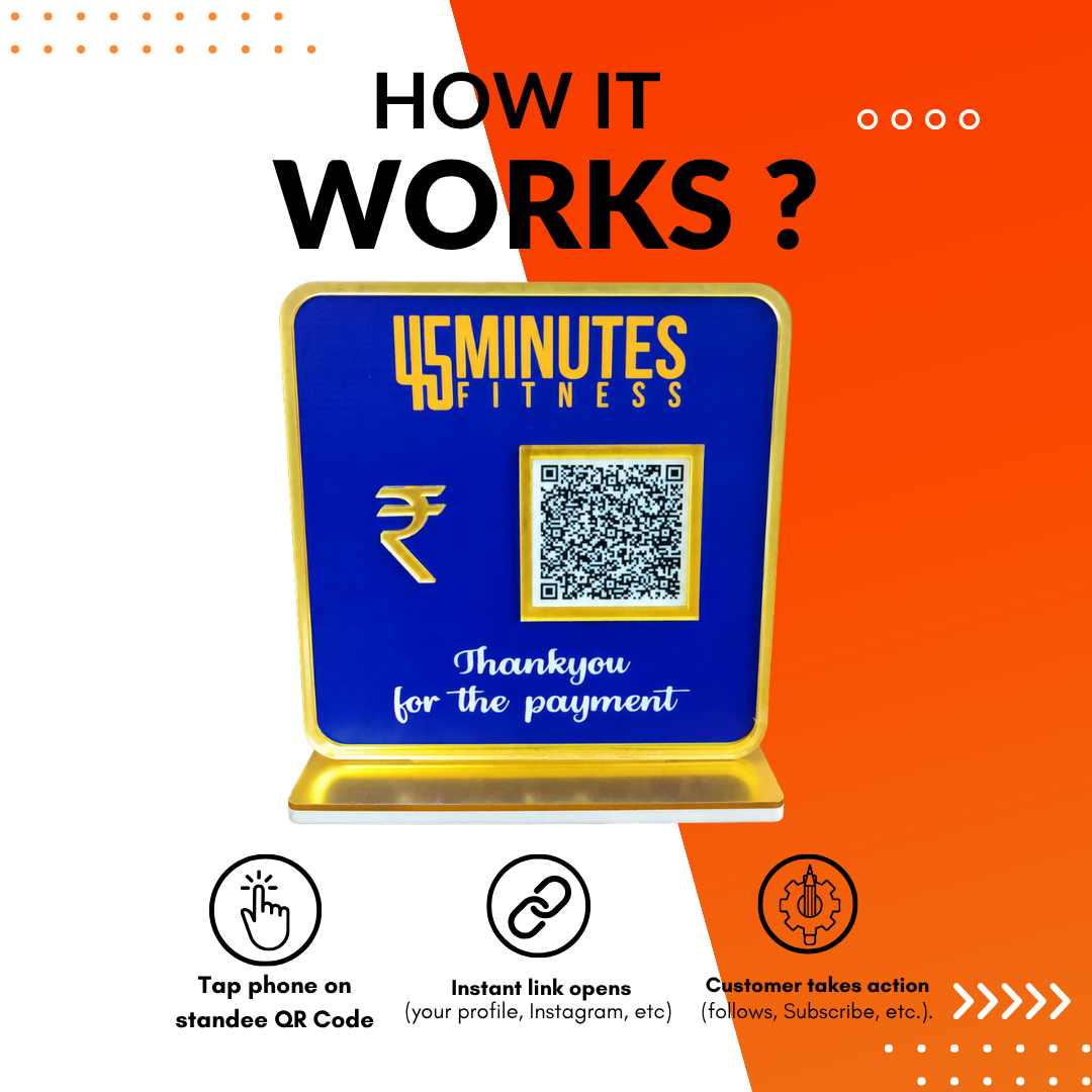 1 QR NFC Enabled Blue Colour Payment Standee For Gym and salons