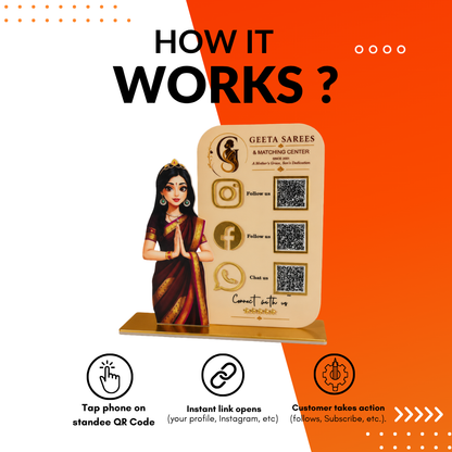 3 QR NFC Enabled Girl Cut Out Vertical Standee For Cloth Store and Showroom