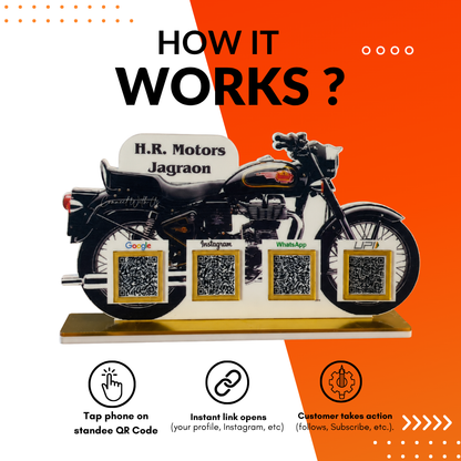 4 QR NFC Enabled Bike Shape Standee For Automobile Stores Garage Bike Store