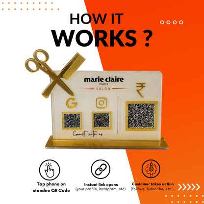 3 QR NFC Enabled Horizontal Standee with Scissor Cutout For Salon and spa