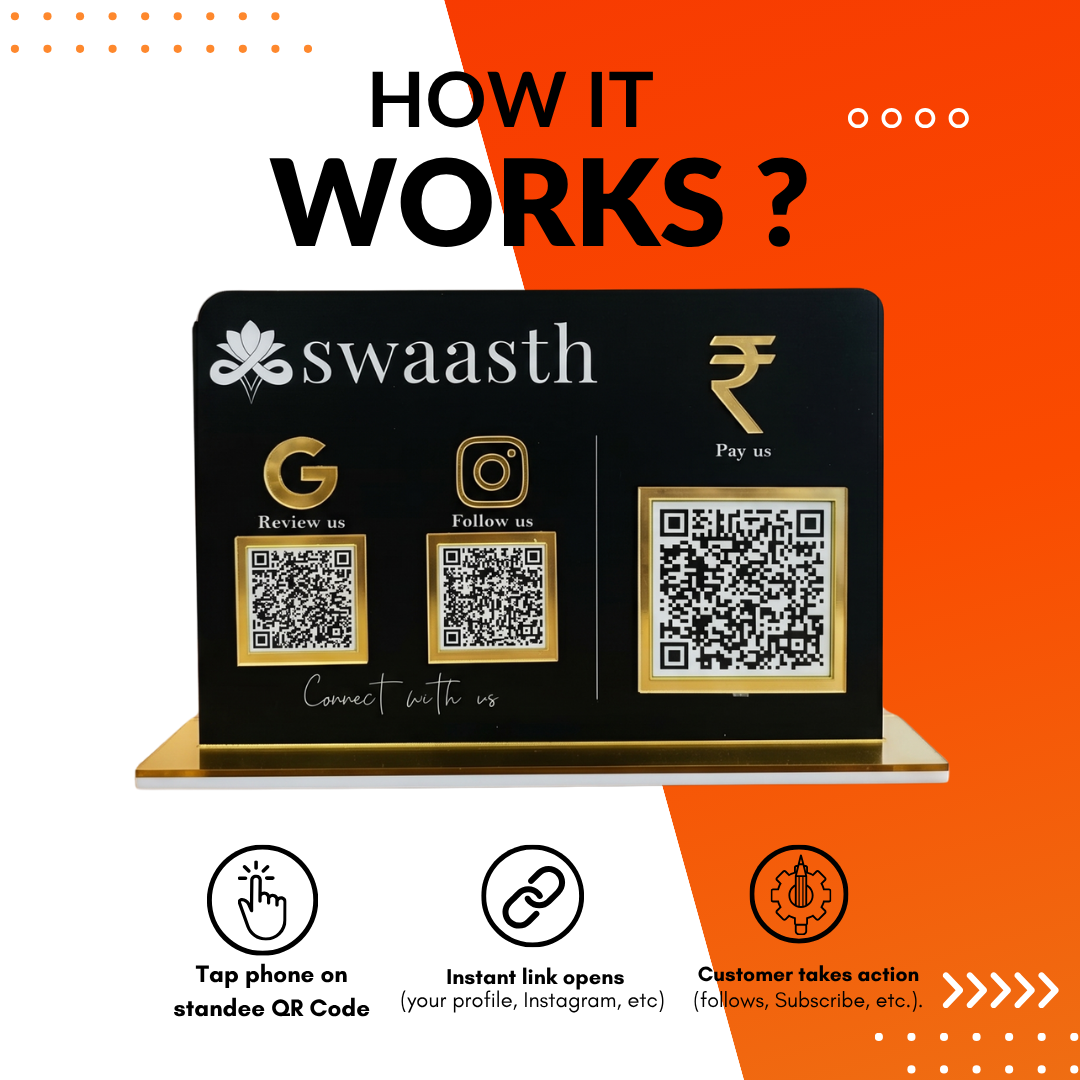3 QR NFC Enabled Black Horizontal Standee For Jewelers Cafe Restaurant Hotel Salon Spa