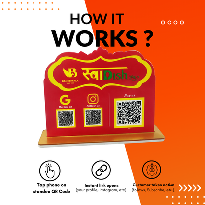 3 QR NFC Enabled Red Color Horizontal Standee For Restaurent Cafe Hotel
