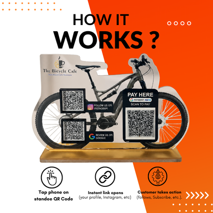 3 QR NFC Enabled Cycle Shape Standee For Automobiles Cycle Showroom Garage