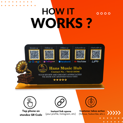 5 QR NFC Enabled Gramophone Cut Out Black Colour Horizontal Standee For Music Hub and Music Stores