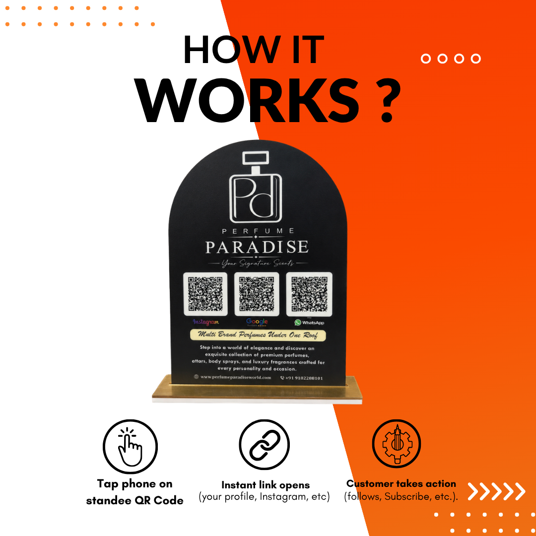 3 QR NFC Enabled Black Background Standee For Perfume Shop