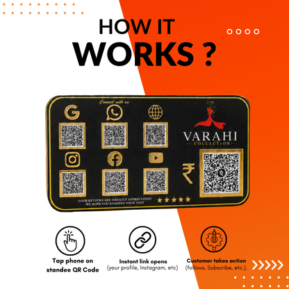 7 QR NFC Enabled Black Background Standee For Cloth Store