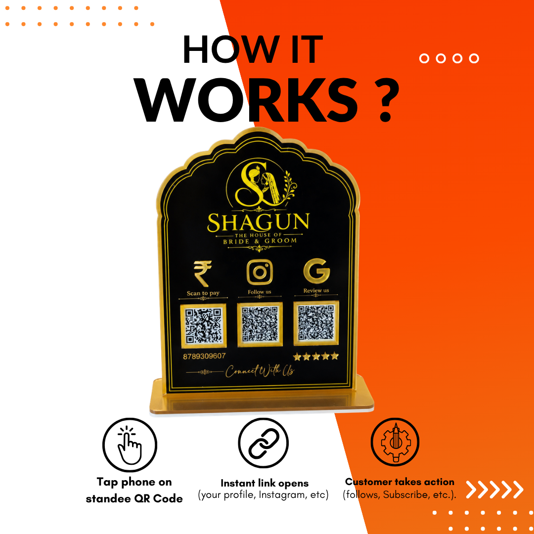 3 QR NFC Enabled Vertical Black Round Shape Standee For Hotel Shop Wedding Hotels