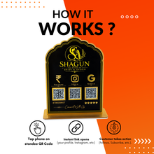 3 QR NFC Enabled Vertical Black Round Shape Standee For Hotel Shop Wedding Hotels