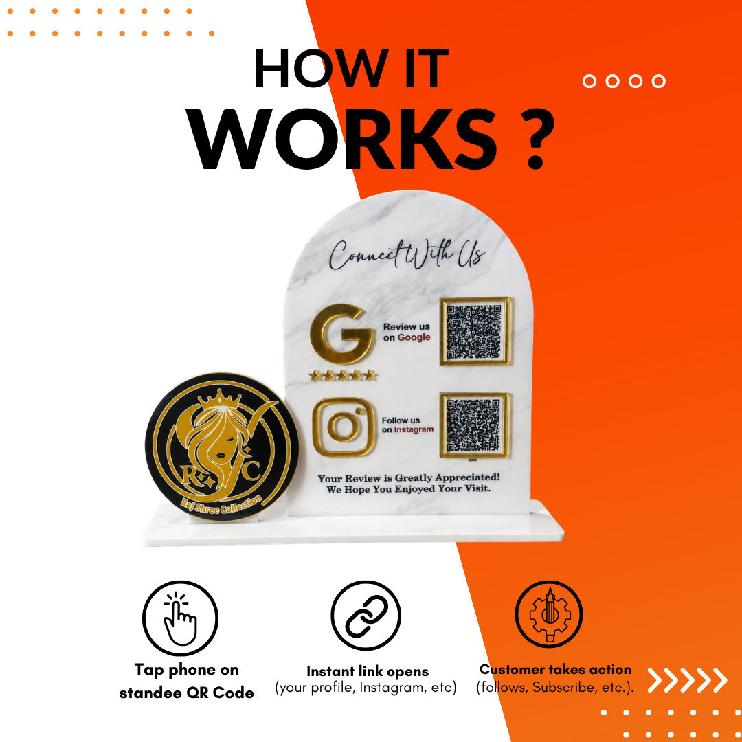 2 QR NFC Enabled White Color Curve Shape Standee with Circle Cut Out Logo