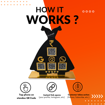 4 QR NFC Enabled Black Colour Gown Shape Standee For Cloth Store and Banquet