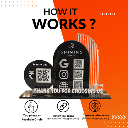 3 QR NFC Enabled Round Shape Black Background Standee For jewellers