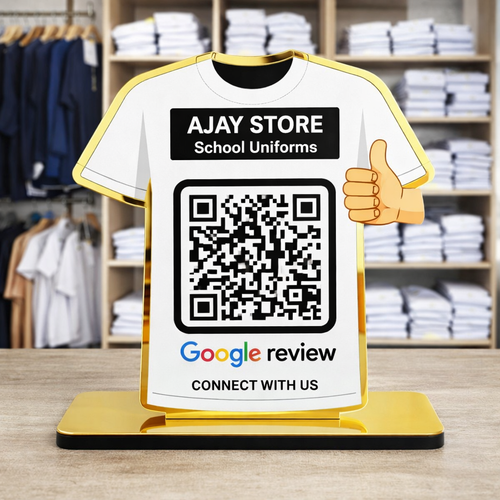 1 QR T-Shirt Shape Table Top Google Review Standee for School Uniform Shop