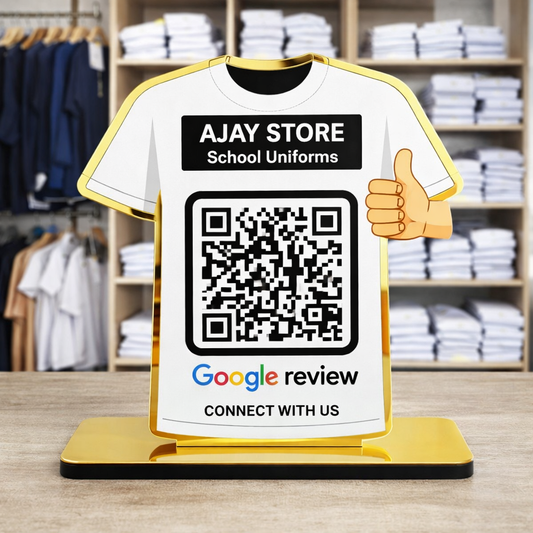 1 QR NFC Enabled T-Shirt Shape Table Top Google Review Standee for School Uniform Shop
