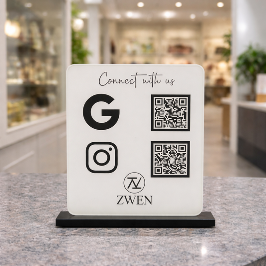 2 QR NFC Enabled Digital Premium White Standee with Black Icons for Shops Cafes Clinics & Offices