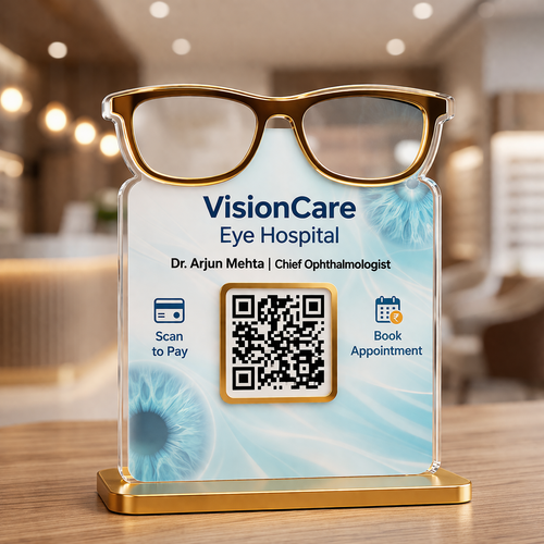 1 QR Premium Acrylic Eyeglasses Cut-Out Standee for Eye Hospital | Scan to Pay