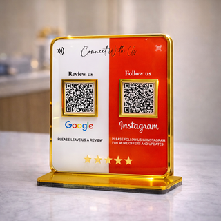 2 QR NFC Enabled Golden Border Multi Color Standee For jewelry Store Cloth Store And Banquet Cafe