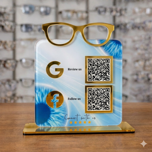 2 QR Premium Acrylic Eyeglasses Cut-Out Standee for Eye Hospital | Scan to Pay | Book Appointment