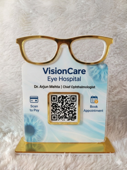 1 QR Premium Acrylic Eyeglasses Cut-Out Standee for Eye Hospital | Scan to Pay
