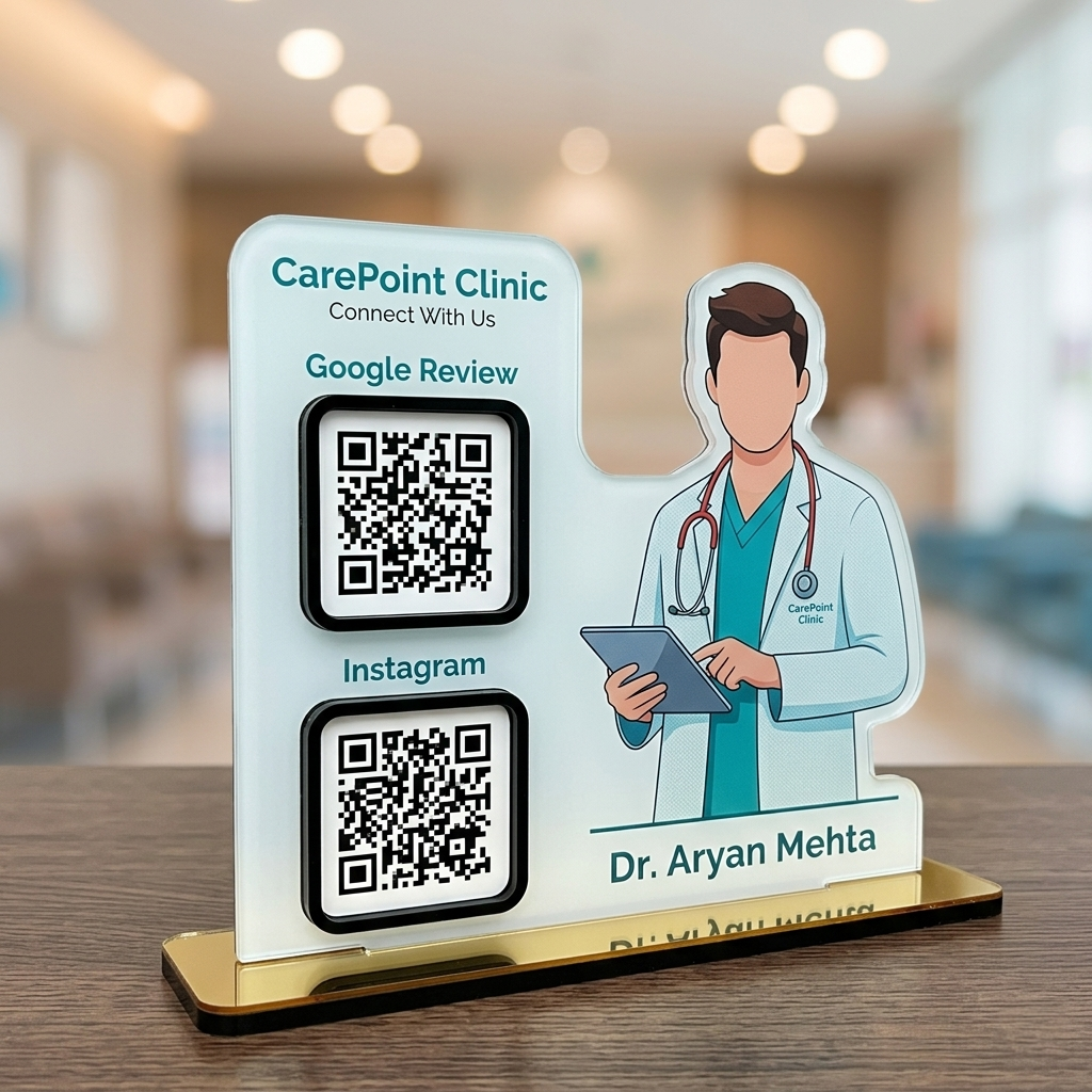 2 QR NFC Enabled Doctor Shape Tabletop Acrylic Standee | Clinic Counte ...